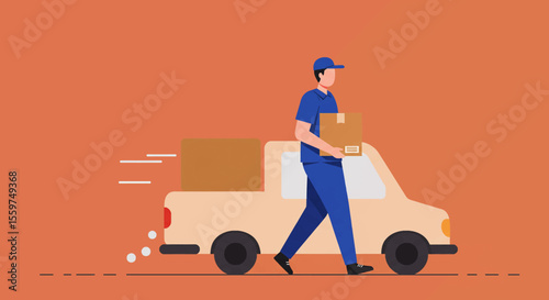 A delivery man in blue uniform carries a package alongside his pickup truck, signifying fast and reliable shipping service against a muted orange background.