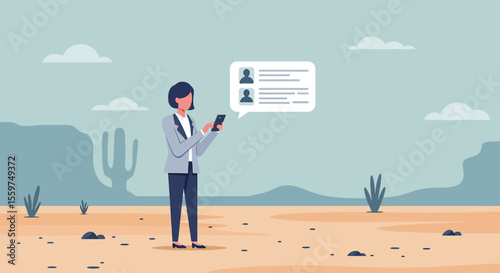 A person stands in a desert landscape, holding a smartphone with a chat bubble displaying two profile images. Suitable for landing page, banner, marketing, web design, presentation, infographic, etc.