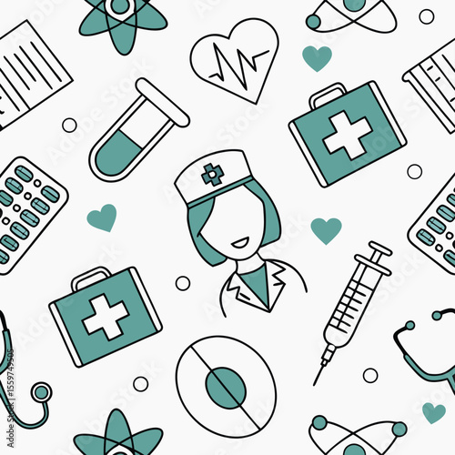 Seamless pattern healthcare icons nurse medical kit pills stethoscope