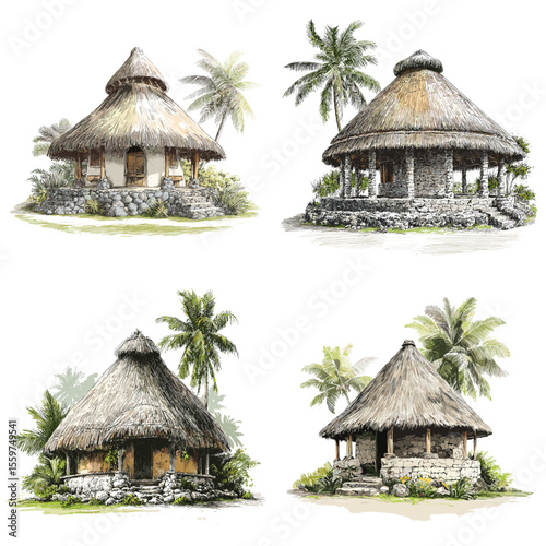 Tropical thatched-roof huts surrounded by palm trees, depicted in hand-drawn style, showcasing traditional island architecture and sustainable natural living.

