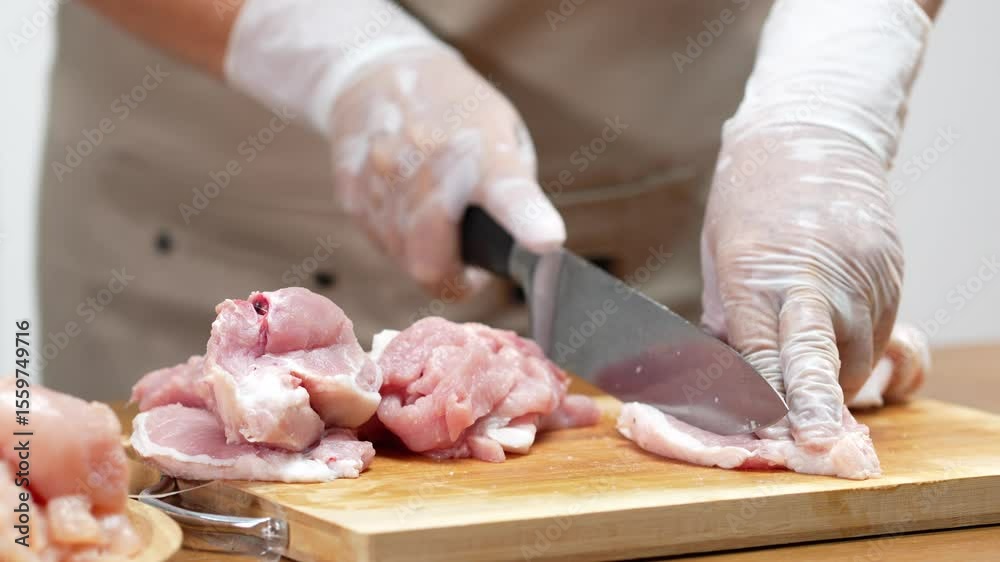 Asian man's hands cutting meat on a wooden cutting board in the kitchen, preparing to cook. Asian man's hands cutting meat on a wooden cutting board in the kitchen, preparing to cook.
