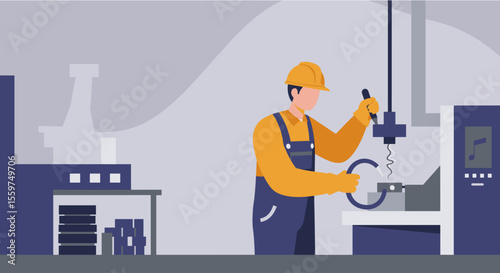 a worker in a factory setting, wearing a hard hat and using a machine to manipulate a metal piece. Suitable for landing page, banner, marketing, web design, presentation, infographic, etc.