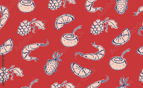 Hand drawn Italian Mediterranean seafood seamless pattern. Italy summer print. Background with shrimps, lemon, tropical fruits. Amalfi coast sea elements for Italy food menu, wedding. Vector illustrat