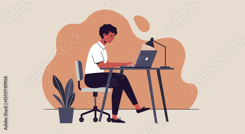 A young woman sits at her desk, focused on her laptop, in a minimalist and modern home office setting, working diligently on her tasks.