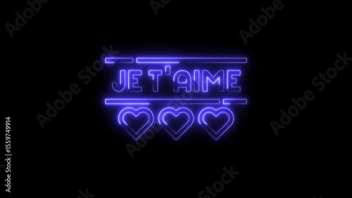 Glowing neon je taime message with three hearts on black background for romantic projects