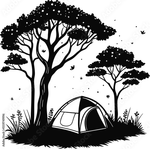 Camping Tent under Trees with Fireflies in Forest Silhouette