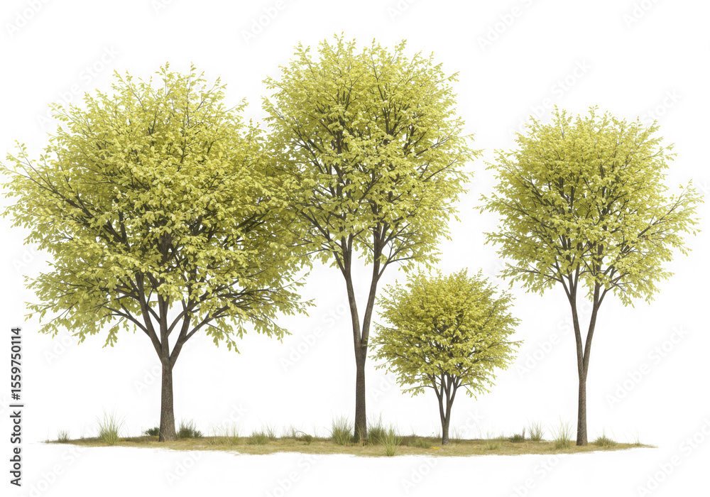 Fototapeta premium Four lush green and yellow trees with grass isolated on transparent background