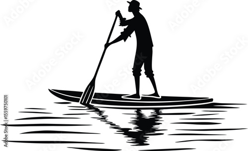 Man Paddle boarding at Night under Starry Sky Silhouette