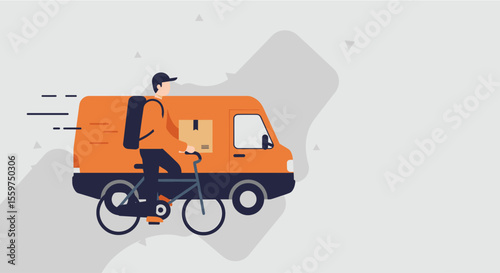 a delivery person on a bicycle, carrying a package, riding towards an orange delivery van. Suitable for landing page, banner, marketing, web design, presentation, infographic, etc.