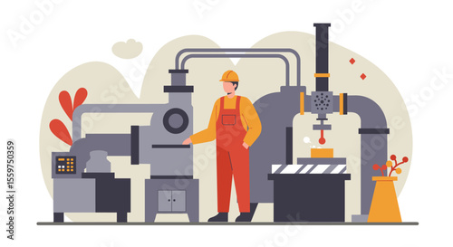 A male industrial worker in uniform stands proudly beside a complex, modern factory machine, overseeing the precision manufacturing process in a clean and organized industrial facility.