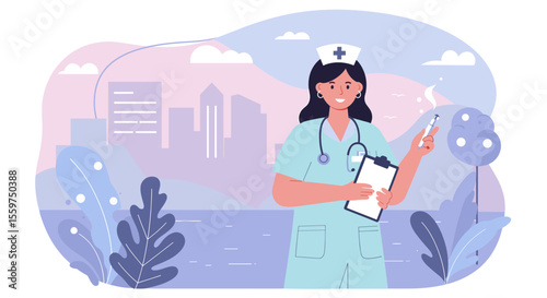 A compassionate female nurse stands confidently in her uniform with a stethoscope, holding a clipboard and syringe, representing dedicated healthcare services.