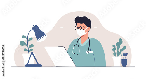 A male doctor wearing a facemask sits at his desk reviewing documents, a desk lamp and potted plants are next to him, in a minimalist illustration style.