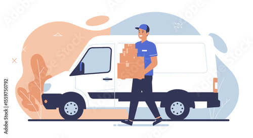 A delivery person in a blue uniform is walking next to a white delivery van, carrying a stack of brown boxes. Suitable for landing page, banner, marketing, web design, presentation, infographic, etc.