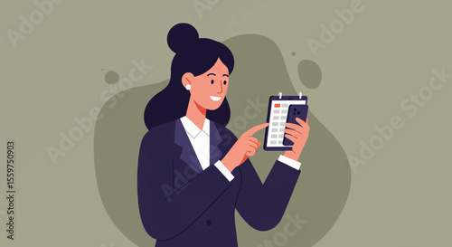 A woman in a business suit is smiling and pointing at a smartphone displaying a calendar app. Suitable for landing page, banner, marketing, web design, presentation, infographic, etc.