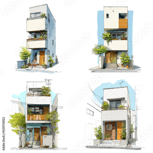 Minimalist narrow urban houses in modern Japanese architectural style, sketched with clean lines, greenery, and practical vertical layouts for compact city living.

