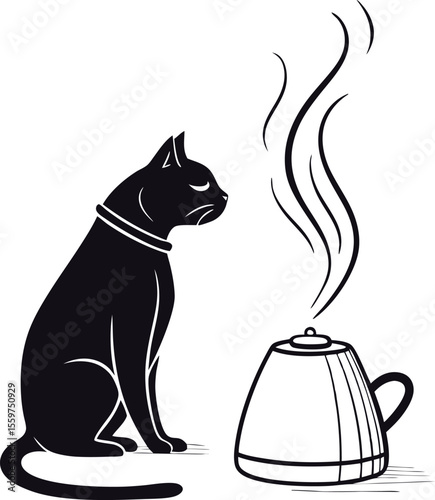 Cat Silhouette Staring at Steaming Kettle in Cozy Scene