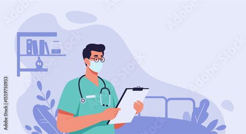 A male doctor wearing a facemask and scrubs stands in his office reviewing a patient's medical chart on a clipboard, showcasing healthcare and medical professionalism.