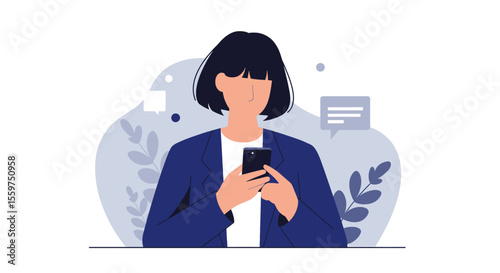 a woman in a suit is looking at her phone