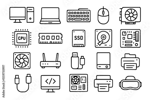 Computer Hardware and Technology Icon Set - Line Style IT Equipment Icons