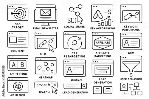 Advanced Digital Marketing and SEO Analytics Icon Set - Line Style Web Performance Icons