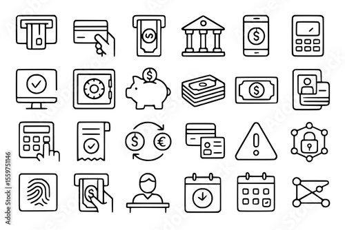 Financial Services and Banking Icon Set - Line Style Payment Security Icons