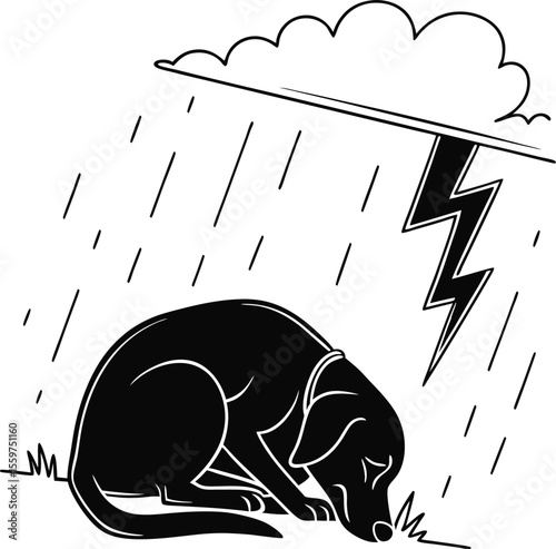 Sad Dog Silhouette Lying Under Storm Cloud with Rain and Lightning