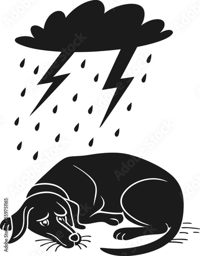 Sad Dog Silhouette Lying Under Storm Cloud with Rain and Lightning