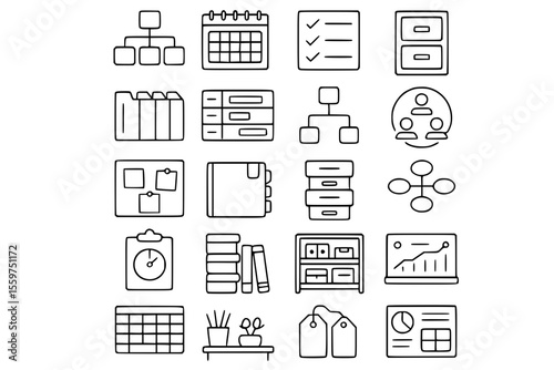 Office Organization and Management Line Icons Set - Business Workflow Vector Collection