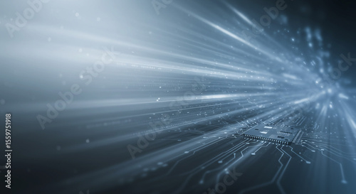 Abstract image of a microchip with light streaks indicating high speed data transfer and processing