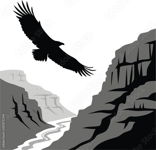 Eagle Flying Over Canyon River Valley Silhouette Scene