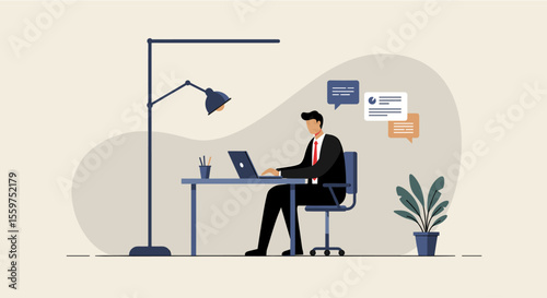A man dressed in a suit is seated at a desk, working on a laptop with a lamp beside him. Suitable for landing page, banner, marketing, web design, presentation, infographic, etc.