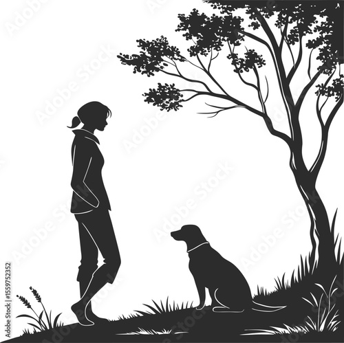 Woman and Dog Silhouette Under Tree in Nature Scene