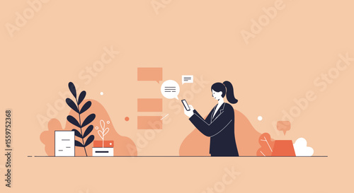 a woman standing and using a mobile device, surrounded by abstract shapes and plants, with no text present. Suitable for landing page, banner, marketing, web design, presentation, infographic, etc.