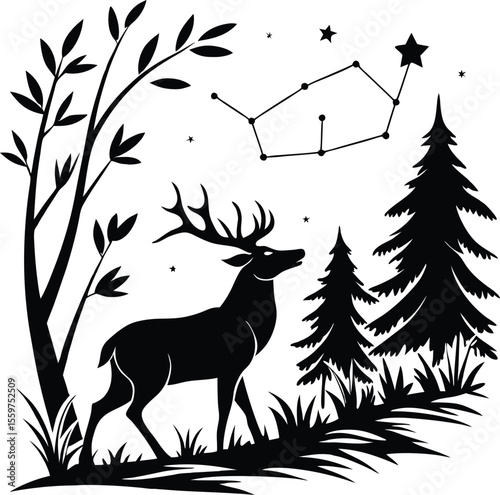 Deer Silhouette in Forest Landscape with Pine Trees