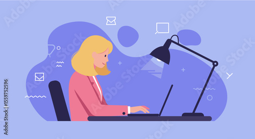 A woman is seated at a desk, focused on her work on a laptop, with a lamp illuminating her workspace. Suitable for landing page, banner, marketing, web design, presentation, infographic, etc.
