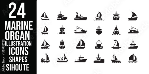 Collection of black and white ship icons and illustrations in a graphic design layout with text