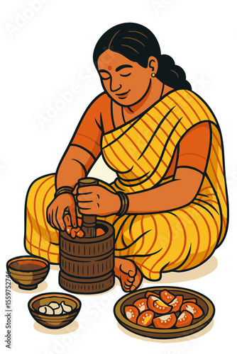 A vintage-style vector illustration of an Indian woman in a yellow-striped sari sitting on the floor, traditionally preparing food using a wooden masher. Surrounded by bowls and a plate of snacks, she