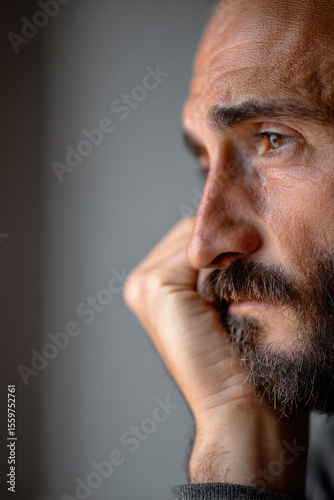 portrait of actor with sad expression positioned on left side of frame