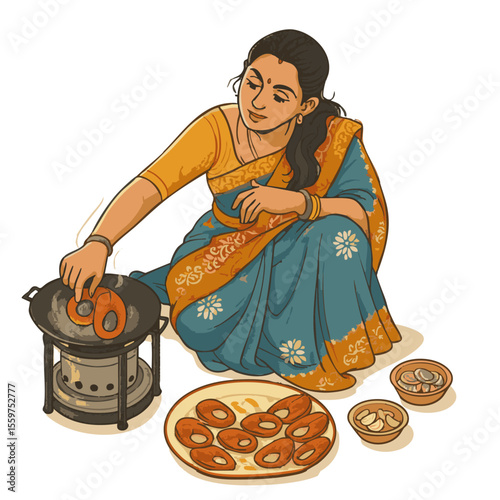 Indian woman in traditional sari cooking illustration in vintage vector style doing a fish fry in white background