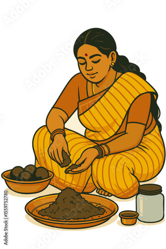 Vintage-style vector illustration of an Indian woman in a traditional sari, Ragi mudde in mud pot, or round sweet