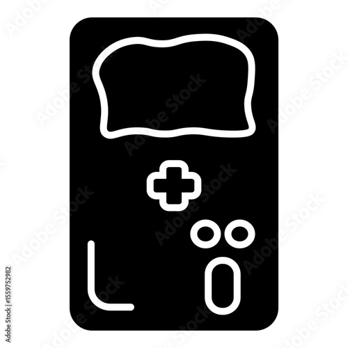 solid black rectangular shape with white outline details depicting an old-style handheld gaming device with a screen and control buttons.