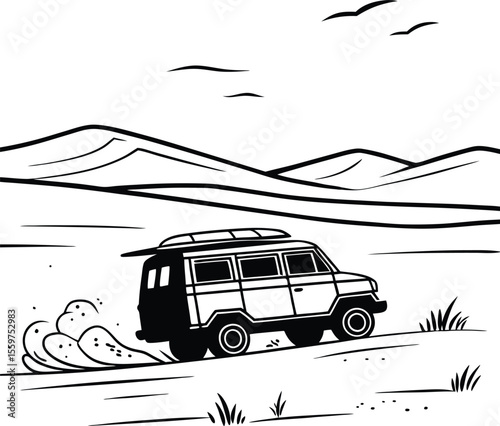 Off-Road Van Driving in Desert Landscape Silhouette