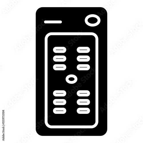 solid black rectangular shape with white outline details depicting a remote control with various buttons and a directional pad or scroll wheel at the top.