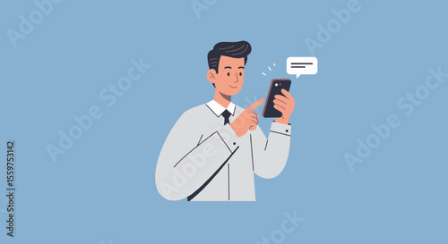 a man in a white shirt and tie holding a smartphone with a chat bubble, against a blue background. Suitable for landing page, banner, marketing, web design, presentation, infographic, etc.