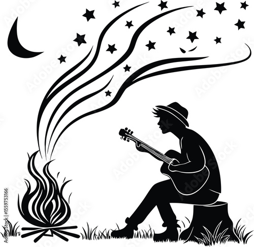 Silhouette of Man Playing Guitar by Campfire under Starry Night Sky
