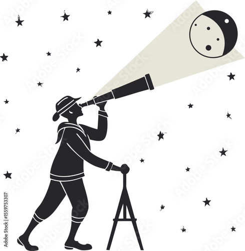 Astronomer Observing Moon and Stars through Telescope Silhouette