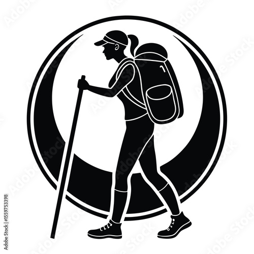 Female hiker with backpack and trekking pole in stylized circle