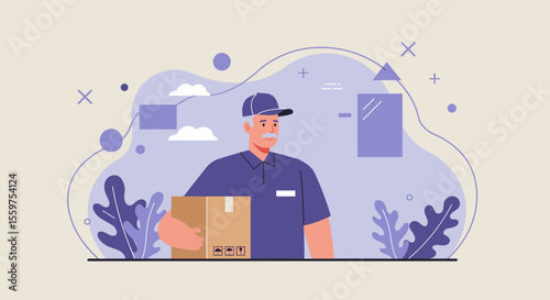 a delivery person holding a package, with a background featuring abstract shapes and a cloudy sky. Suitable for landing page, banner, marketing, web design, presentation, infographic, etc.