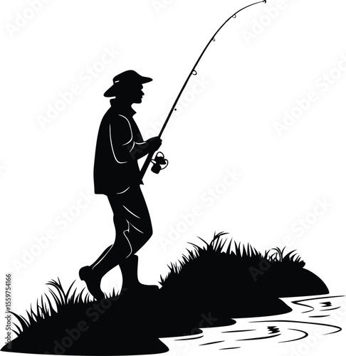 Fisherman Silhouette Standing by River with Fishing Rod