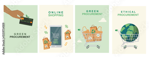 Green procurement online shopping banner template. Sustainable business ethical purchasing concept poster. Corporate responsibility e-commerce. Green business. Flat style. Vector illustration